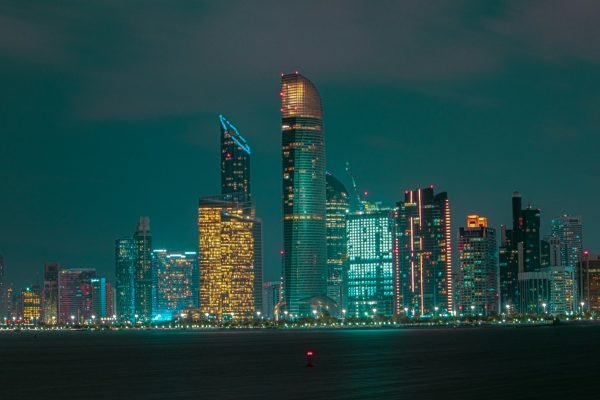 city skyline during night time